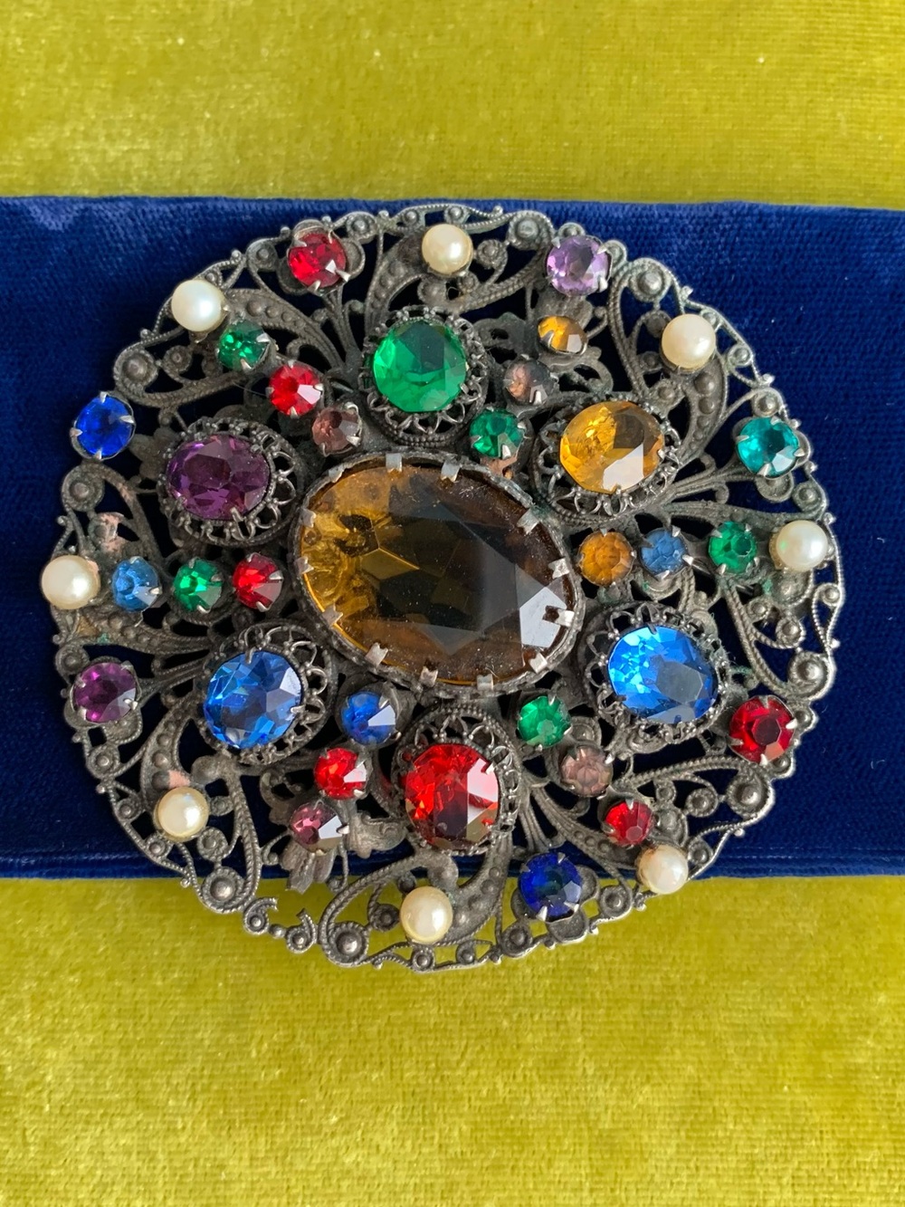 Antique Multicolor Jeweled Filigree Sash Pin 2 7/8”